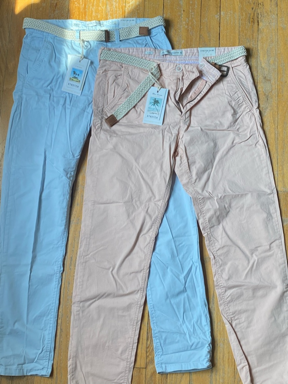 Denim & Flower Light Blue and Pale Pink Stretch Chinos with Braided Belt